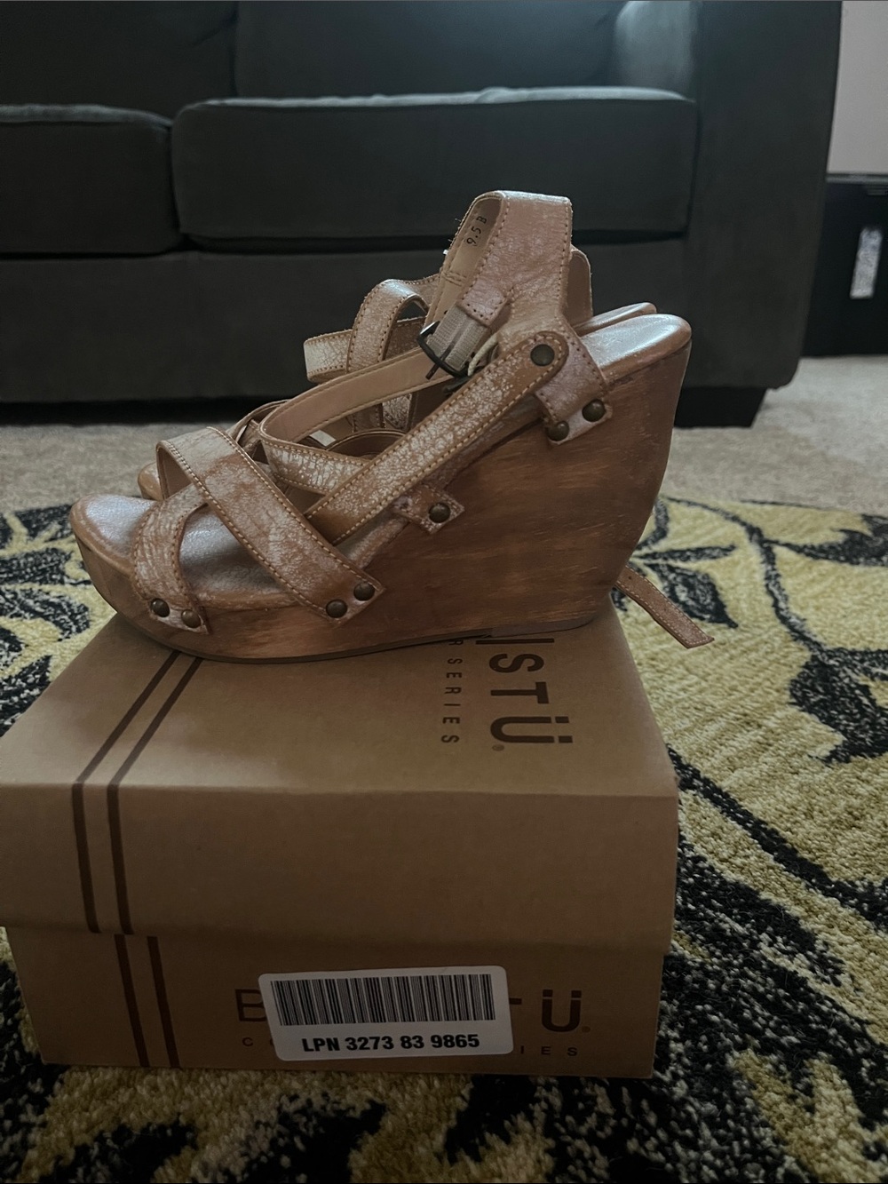 BED|STU Tan Strappy Leather Wedge Sandals - Picture 3 of 3